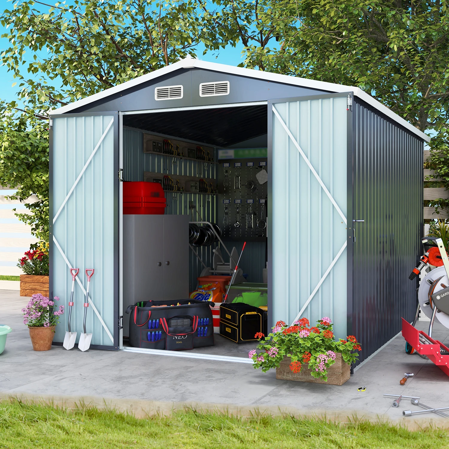 Outdoor Steel Metal Storage Shed with Floor Frame Foundation Base Kit Gray Tool Utility for Garden Backyard Lawn