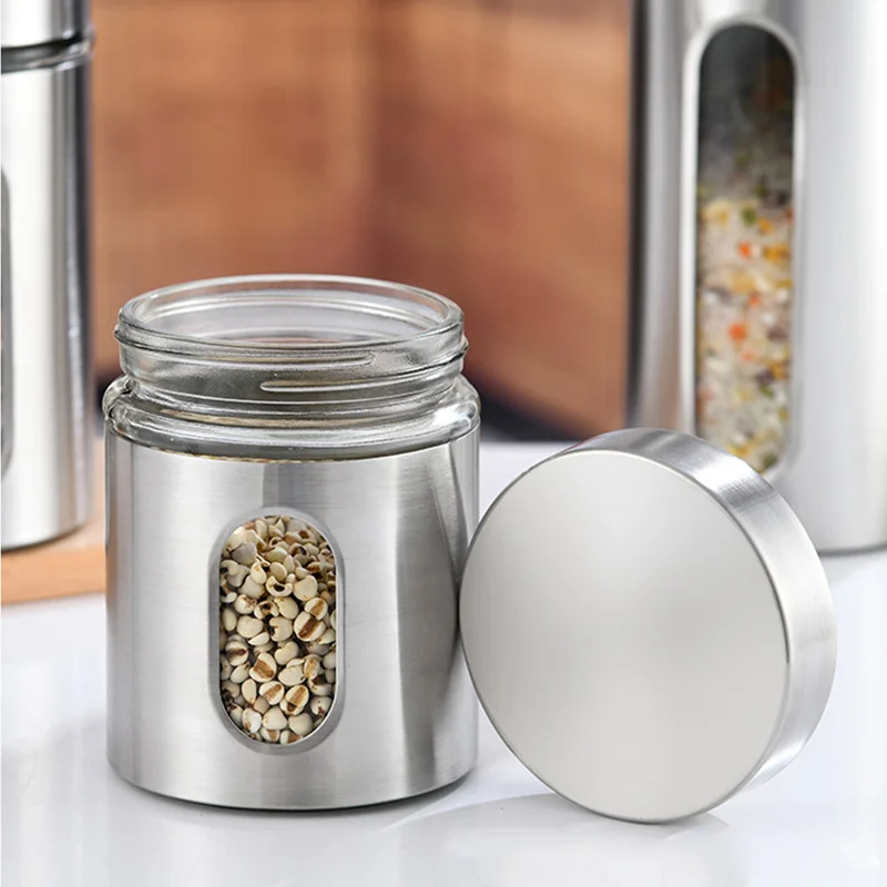 Top Grade Stainless Steel Visual Glass Coffee Beans Grains Storage Jar Glass Storage Containers