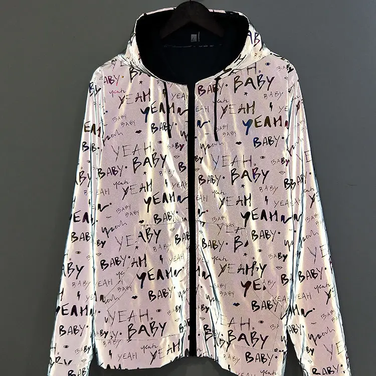 China Factory Custom Full Zip up Hood Coat Wholesale Cheap Blank Mens Rainbow Reflective Jacket