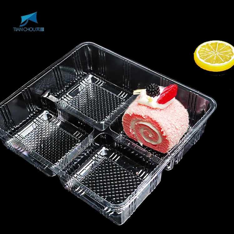 Factory customized PET Plastic dessert slice packaging tray suitable for cake sushi pastry cookies dumpling with 4 divisions.