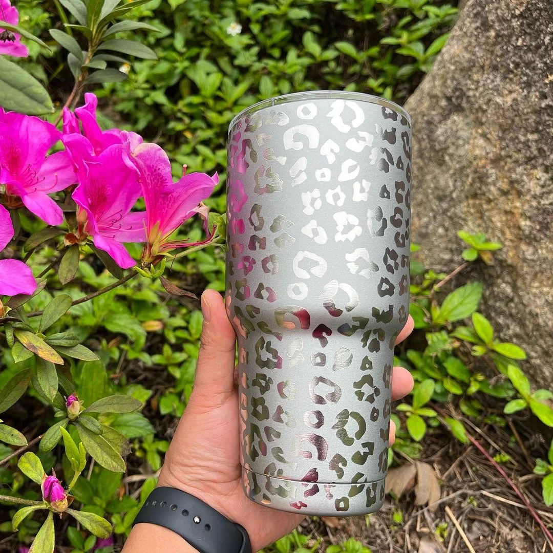 Premium Quality SS Black Cheetah Cup Double Wall Powder Coated Travel Mug for Woman and Men DMA61175