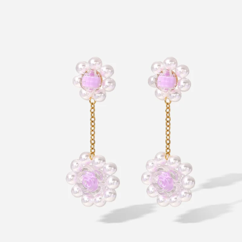 Vintage Design Handmade Flower Pearl Dangle Earring Stainless Steel Knit  Purple Crystal Flower Earring