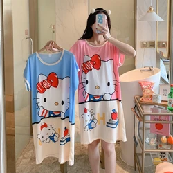 Summer Cool Fashion Milk Silk Mickey Pajamas Skirts For Women Short Sleeve O-neck Cartoon Printing Oversize Loose Night Dress