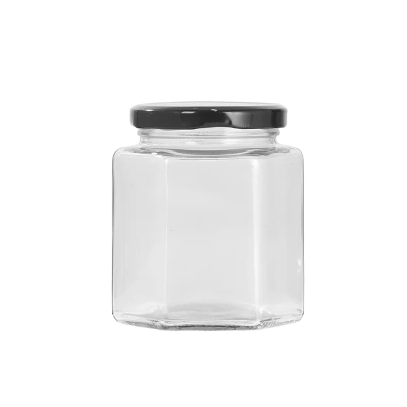 Wholesale Transparent Hexagon Glass Jar  Glass Honey Jam Jar with Metal Lid
