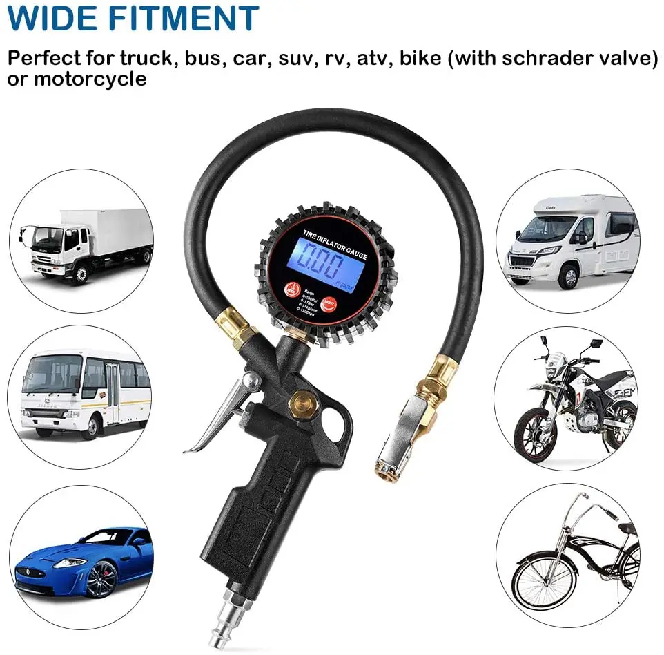 LED Display Tyre Deflator Gage Digital Tire Inflator Pressure Gauge Gun With Straight Brass Chuck Rubber Hose