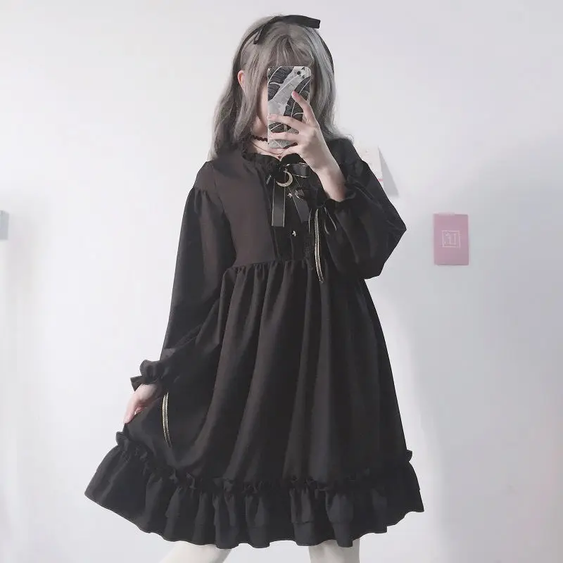 Kawaii Gothic Lolita Dress Cute Fairy Harajuku Mall Goth Black Party Dresses Long Sleeve Ruffles Dark Academia Cosplay
