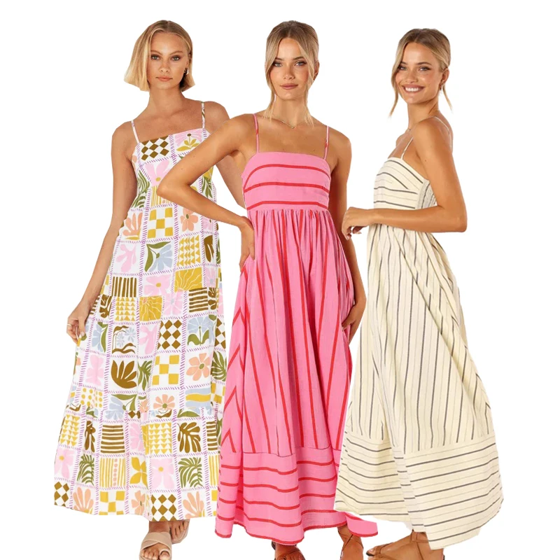Fashion Striped Floral Print Sleeveless Suspender Sundress Large Hem Sexy Elegant Beach Bohemian Ladies Dresses With Open Back