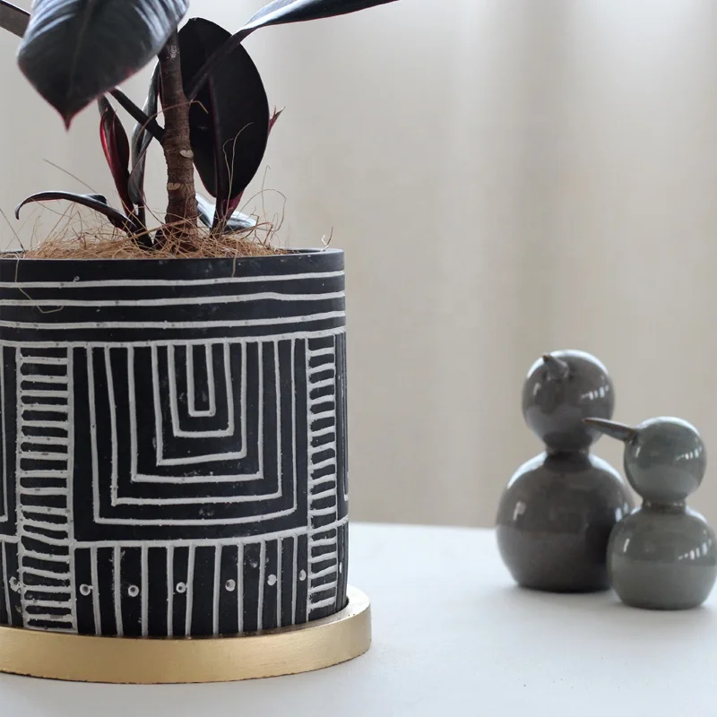 Antique design cement flower pot vintage style flower pot with tray painted golden saucer for living room