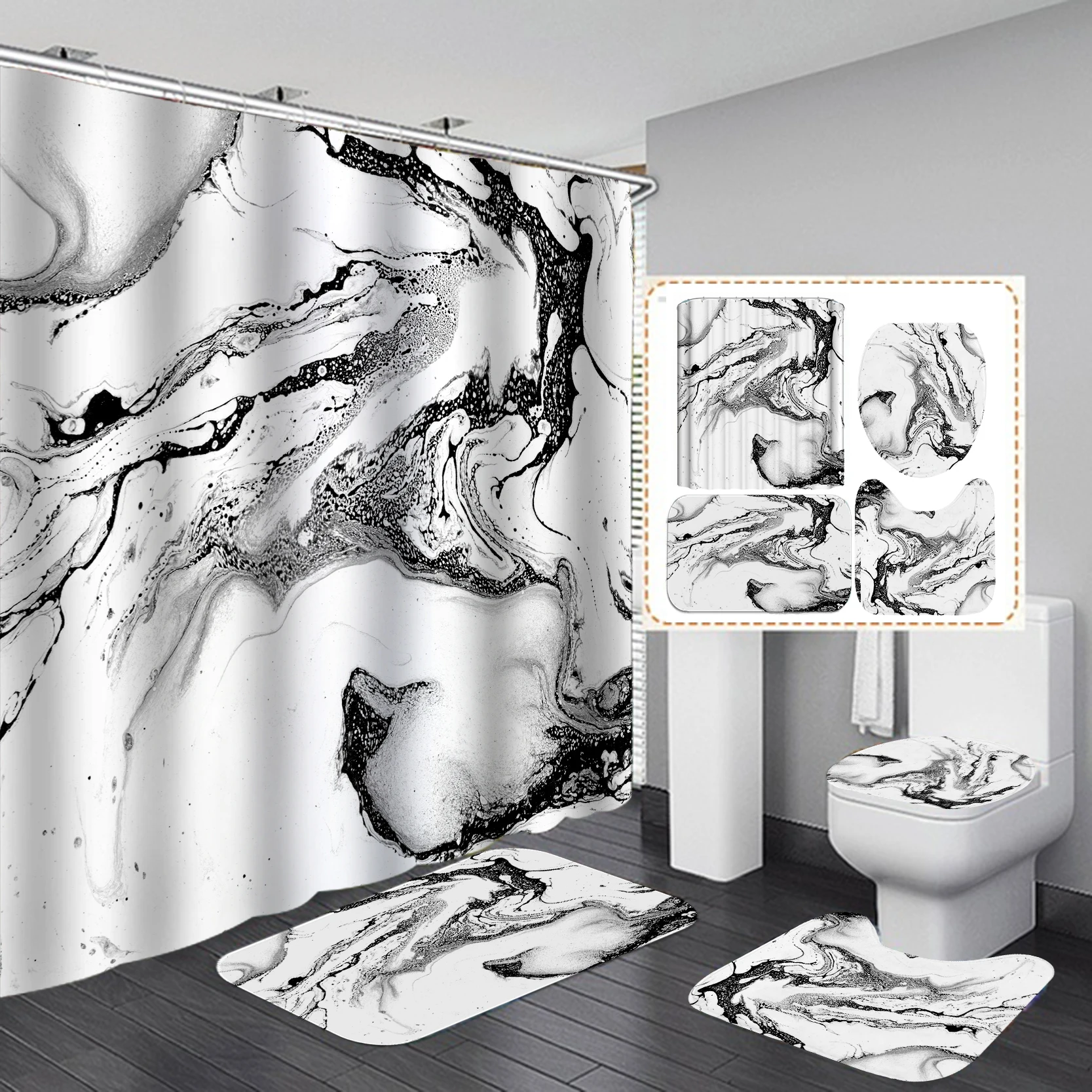 
Hot Designs 4PCS Marble Shower Curtain Set Polyester Bathroom Curtains with Toilet Carpets Rugs Mats 