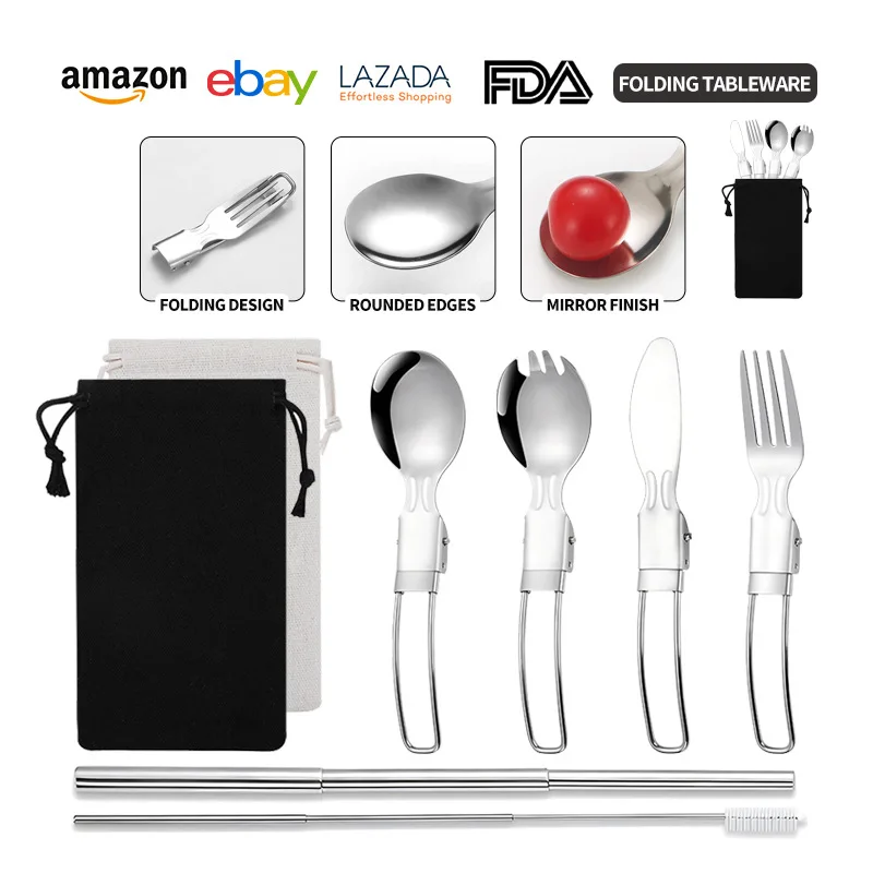 Outdoor camping picnic tableware travel folding tableware three-piece stainless steel folding knife fork spoon camping tableware