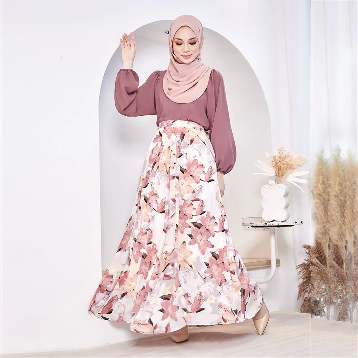 High Quality Women Islamic Clothing Modest Skirts High Waist Floral Printed Full Length Skirt For Muslim Women