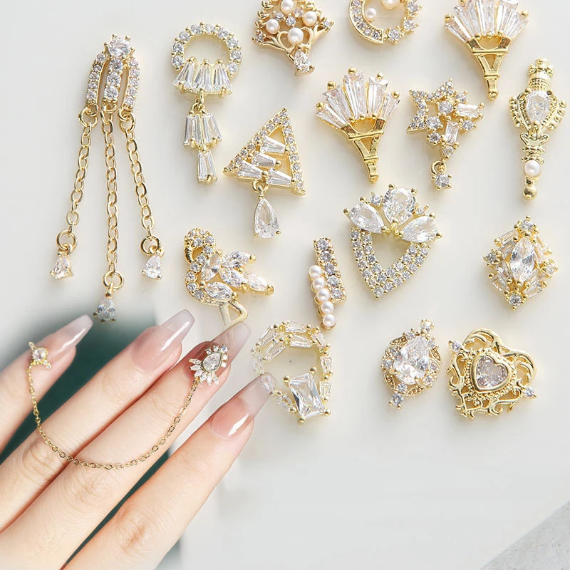 Nails Art Zircon Gold Metal Nails Designers Charms Luxury Flexible Press On Alloy 3d Mixed Nail Art Accessories
