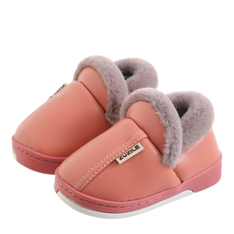 Winter Children Warm Shoes For Boy Girl Cotton Slippers PU Leather  Kid Non-slip Waterproof Shoes Fashion Home Warm Casual Shoes