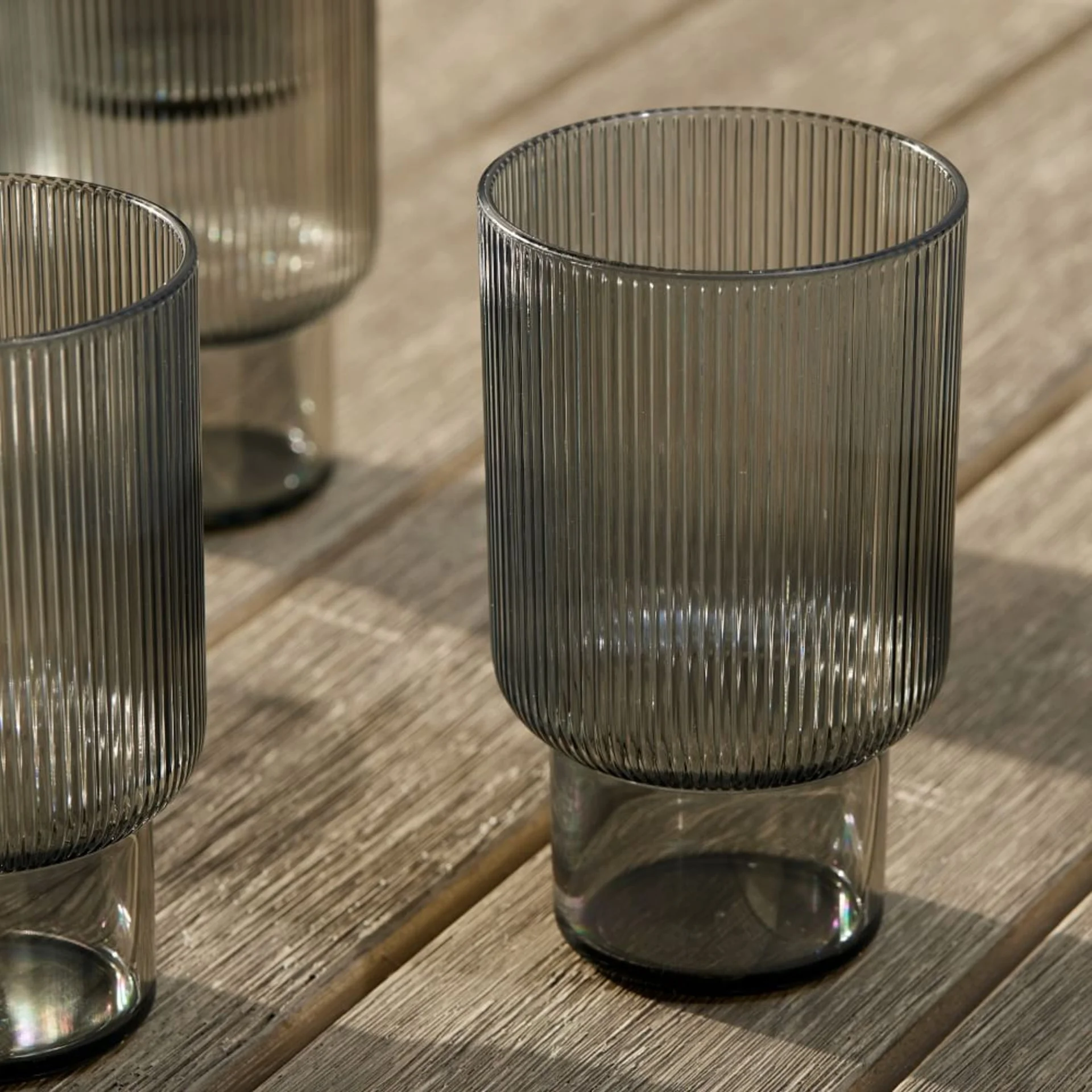 Stackable style Ribbed fluted vertical stripe Smoked Grey and clear Highball Glass
