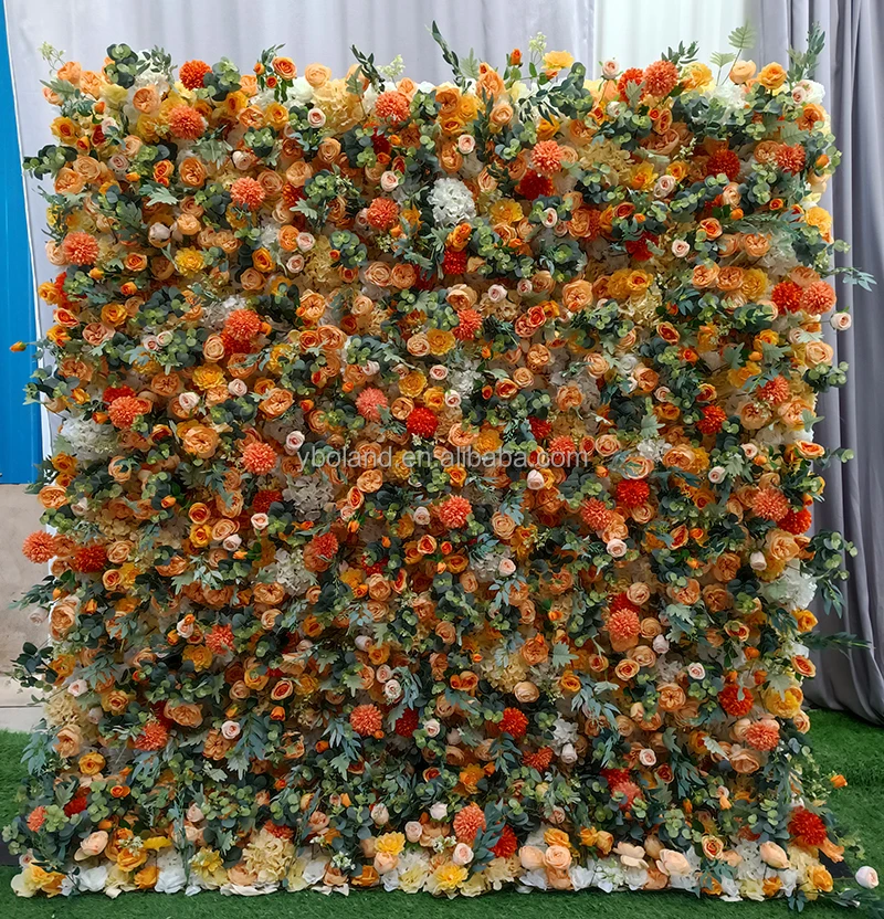 Custom 8 ft by 8ft 10 ft artificial silk rose cloth flower wall backdrop wedding decorations fake autumn fall roll up flowerwall