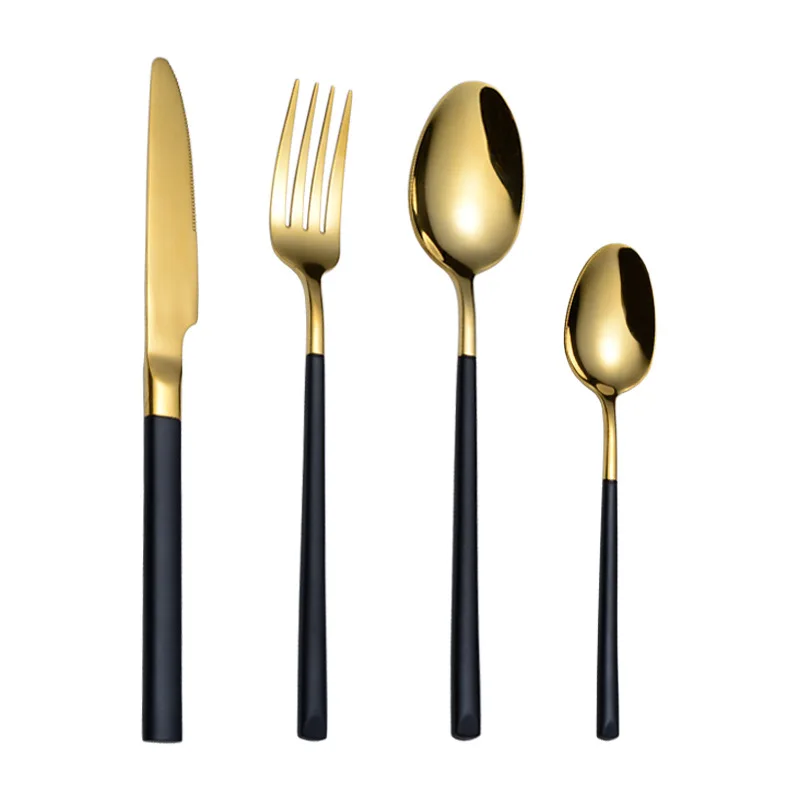 
Western Food Grade Gold Titanium Plated Wedding Cutlery 304 Stainless Steel Table Fork Spoon Knife Hotel Flatware Set 