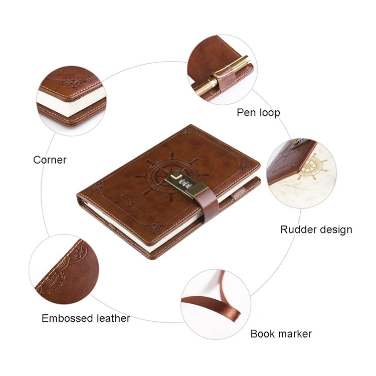 Gift Diary with code lock,Password Notebook Vintage , locking business diary planner pu Leather journal