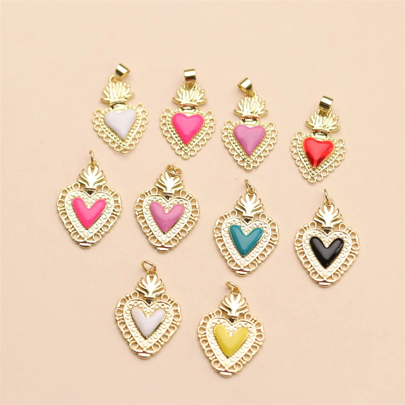 Enamel Colorful Heart Pendant Jewelry Making Necklace Bracelet Charm Accessories Diy Gold Plated Pendants For Teen Girl Women