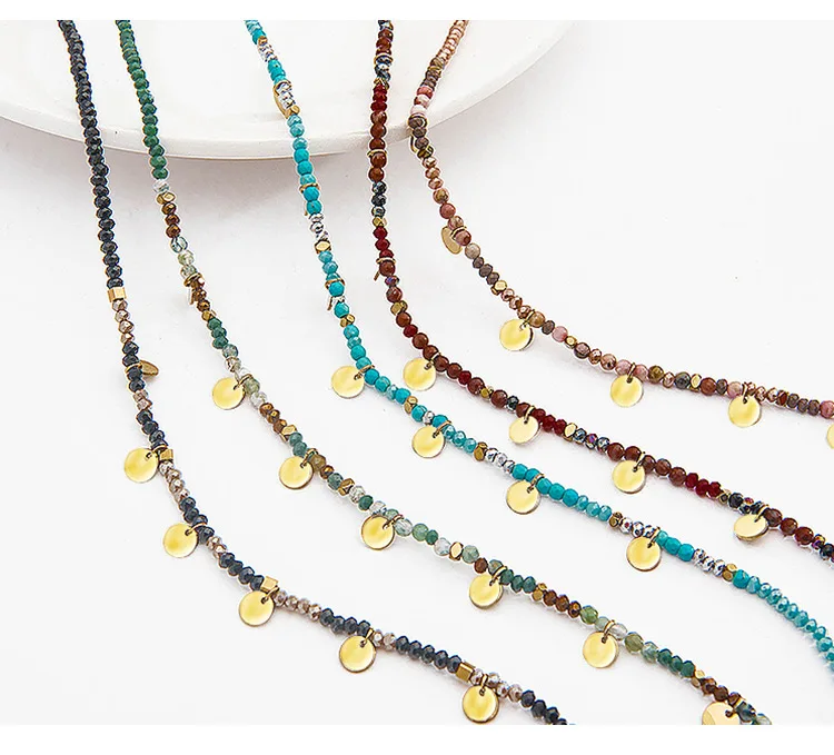 Bohemian style natural stone beaded necklace stainless steel coin tassel fashion necklace for girls