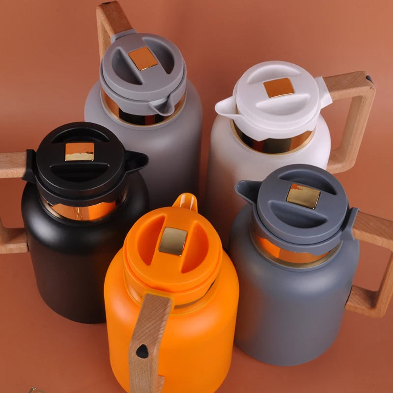 Factory newest thermos vacuum flask Keep Hot 24 hrs coffee pot 1L glass inner water jug with wooden handle