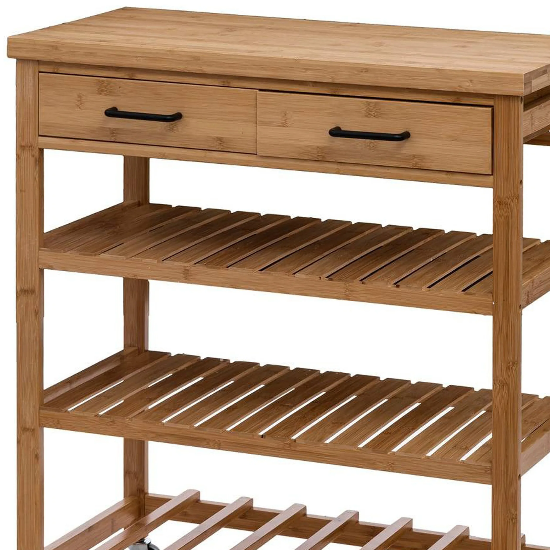 3 Tiers Storage Shelves Kitchen Rolling Trolley On Wheels Bamboo Island Cart With Wine Holder And 2 Drawers