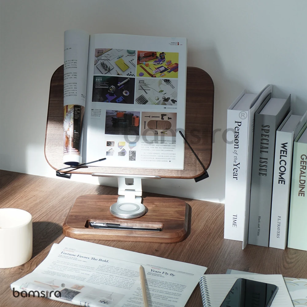Adjustable Wooden Foldable 360 Rotating Base & Page Clips-Hands Free Stand for Book