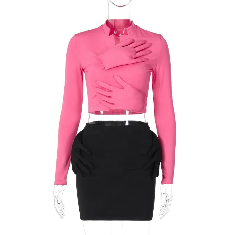 King Mcgreen star Party club Fall sweet Cool pieces set personality slim top mini skirt suits Solid Two piece skirt set