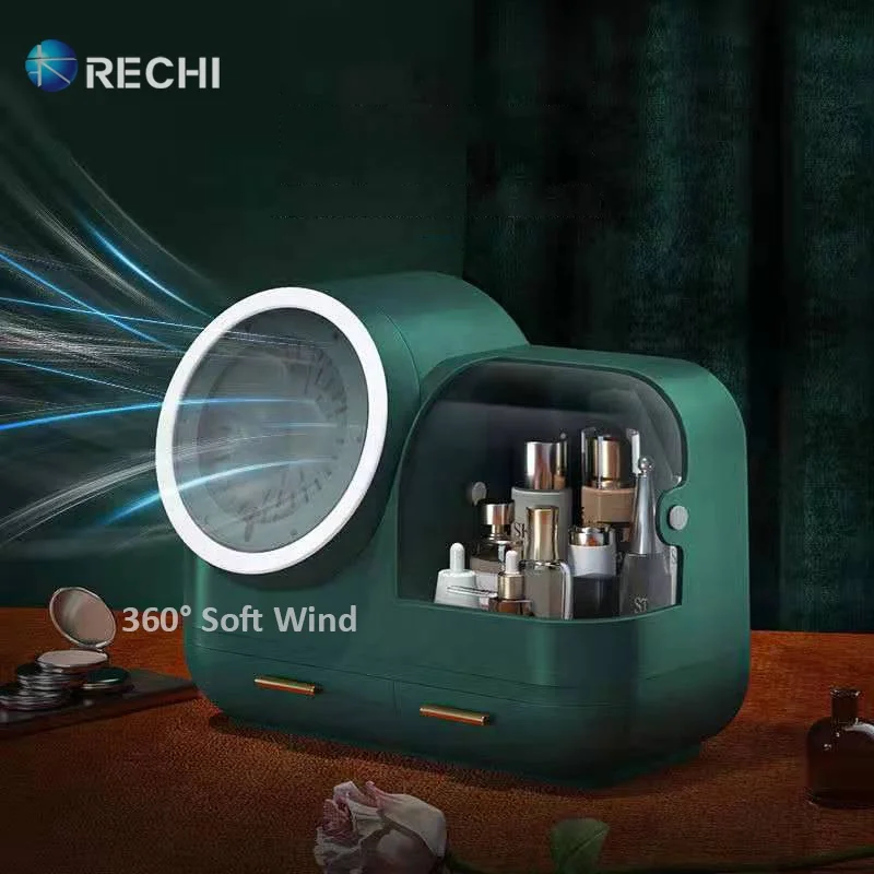 RECHI 2021 Makeup Organizer Cosmetic Storage Case With 360 Rotating LED Mirror & Fan For Skincare Perfume & Jewelry Organizer