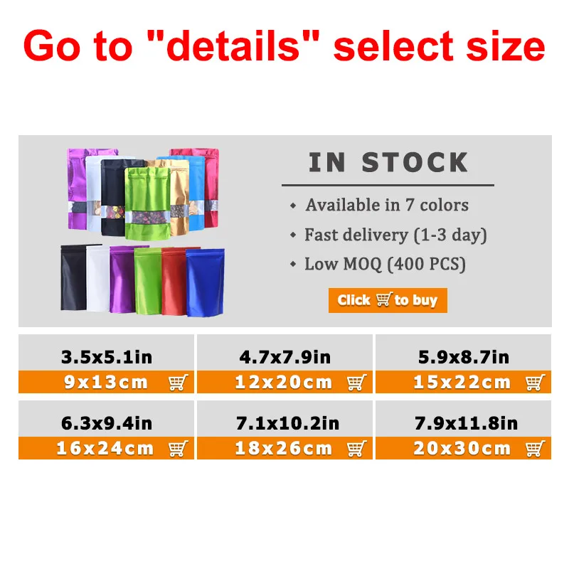 
In Stock Multicolor Colored Zipper Food Window Plastic Printing Package Aluminum Foil Stand Up Zip Lock Pouch Bag 