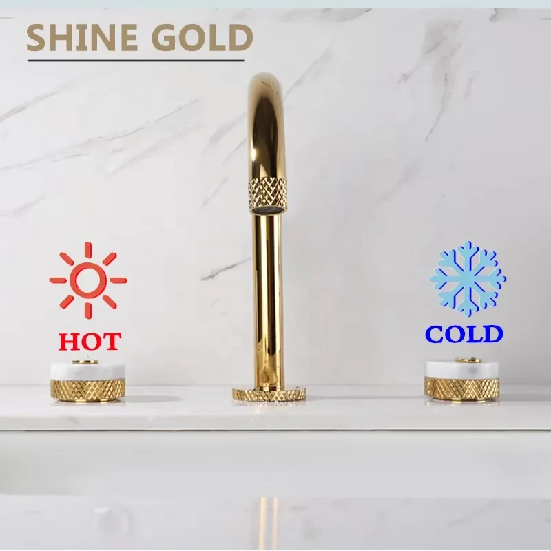 DEEPSS Factory Supply Shine Gold Basin 3 Pieces Separate Lavatory Faucet Brass 2 Handle Hot and Cold Mixer with Flexible Hoses