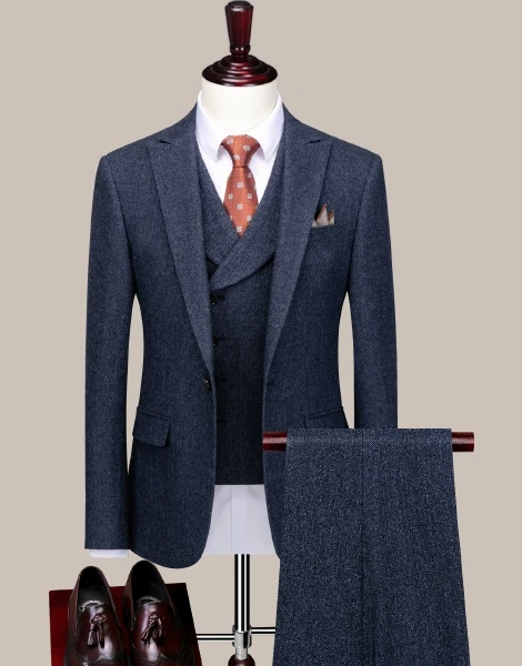 Latest Navy Blue Wool Men Suits 3 Piece Wedding Suits Jacket Vest Pants Slim Fit Men Suits For Business Wear