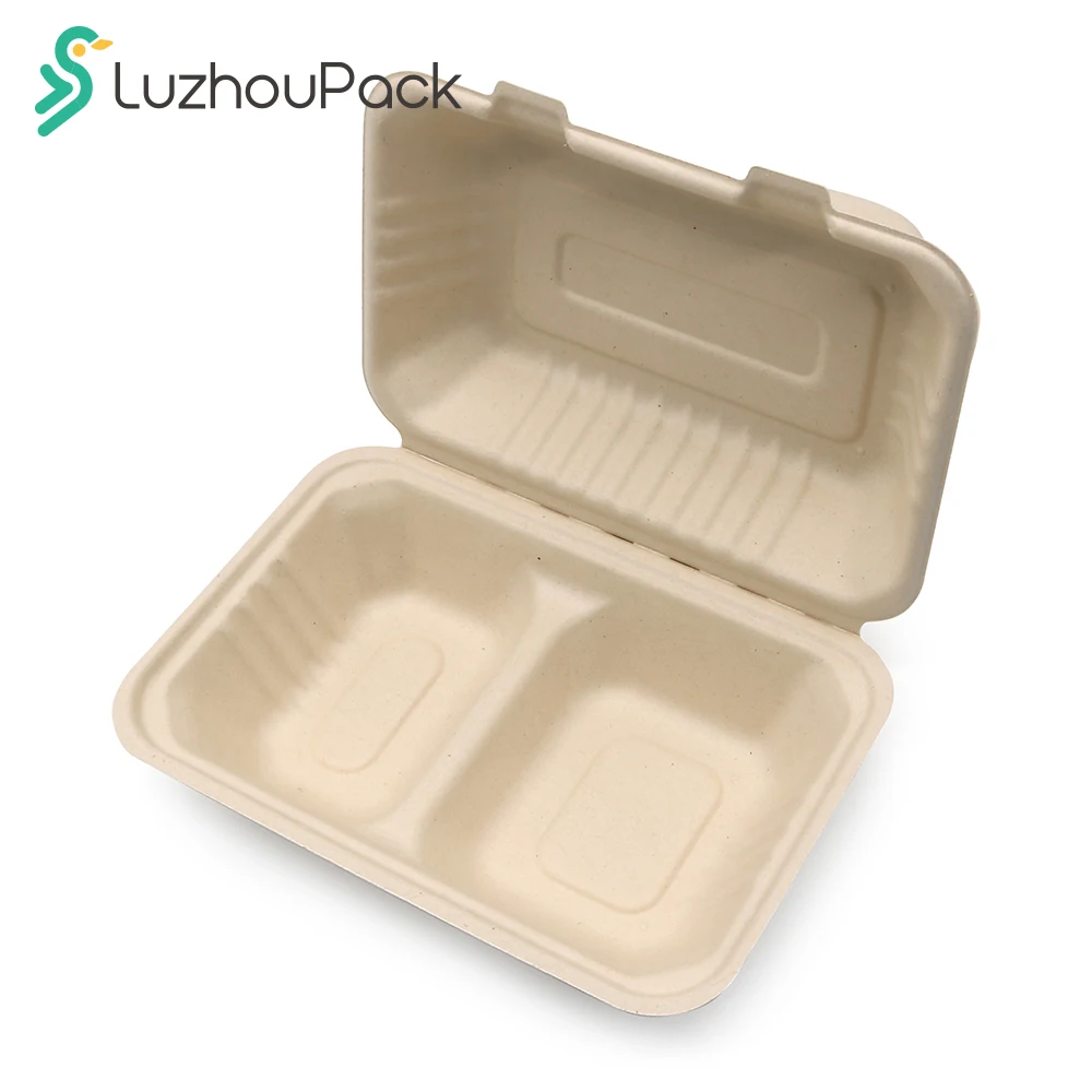 900ml 2 Compartment Customizable Eco Rectangle Biodegradable Togo Container Take Away Lunch Paper Packing Boxes for Restaurant