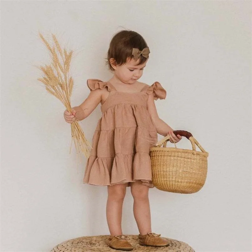 Solid Cotton Linen A-Line Dress for Kids Girls Baby Summer Wedding Birthday Party Casual with Short Ruffles Sleeves Knee-Length