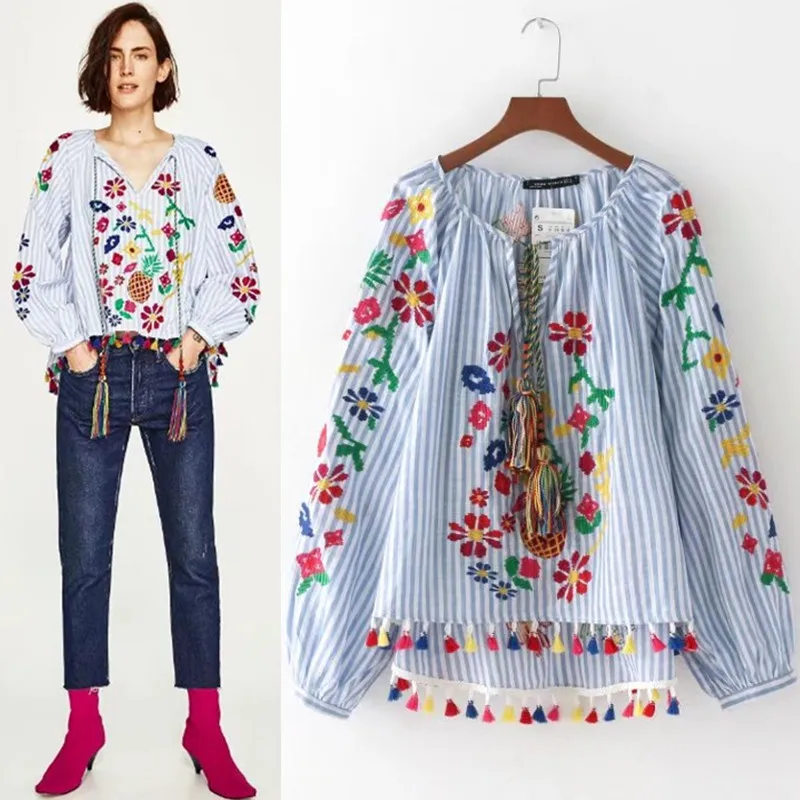 Loose Long-Sleeved Ladies V-Neck Embroidered Blouses Women Embroidered Hanging Coat