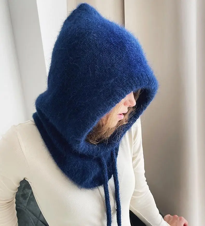 Manufacturer Custom Fashion Drawstring Warm Knitted Pullover Beanie Cap Ring Hooded Scarf Balaclava Hat For Women