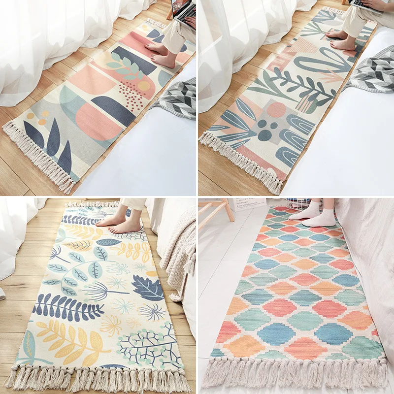 Ins Bedside Rug Carpet Cotton Linen  Mat Floor Mat with Tassels for Living Room Area Rug Doormat Cute Home