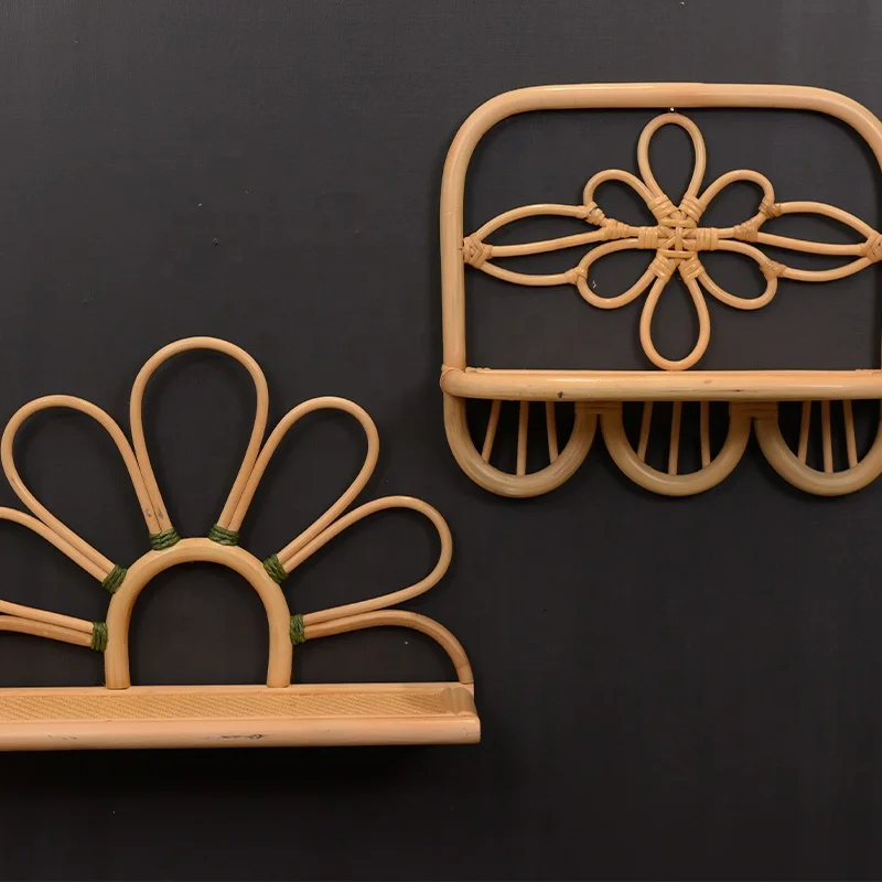 New Nordic Modern  Decorative Flower Curved Shape Natural Rattan Display wall Mounted Type shelf