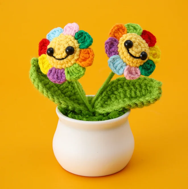 2025 Hand Knitted Ornaments Valentine Gifts Artificial Plants Bonsai Flower Crocheted pot Crocheted Sunflower Pot