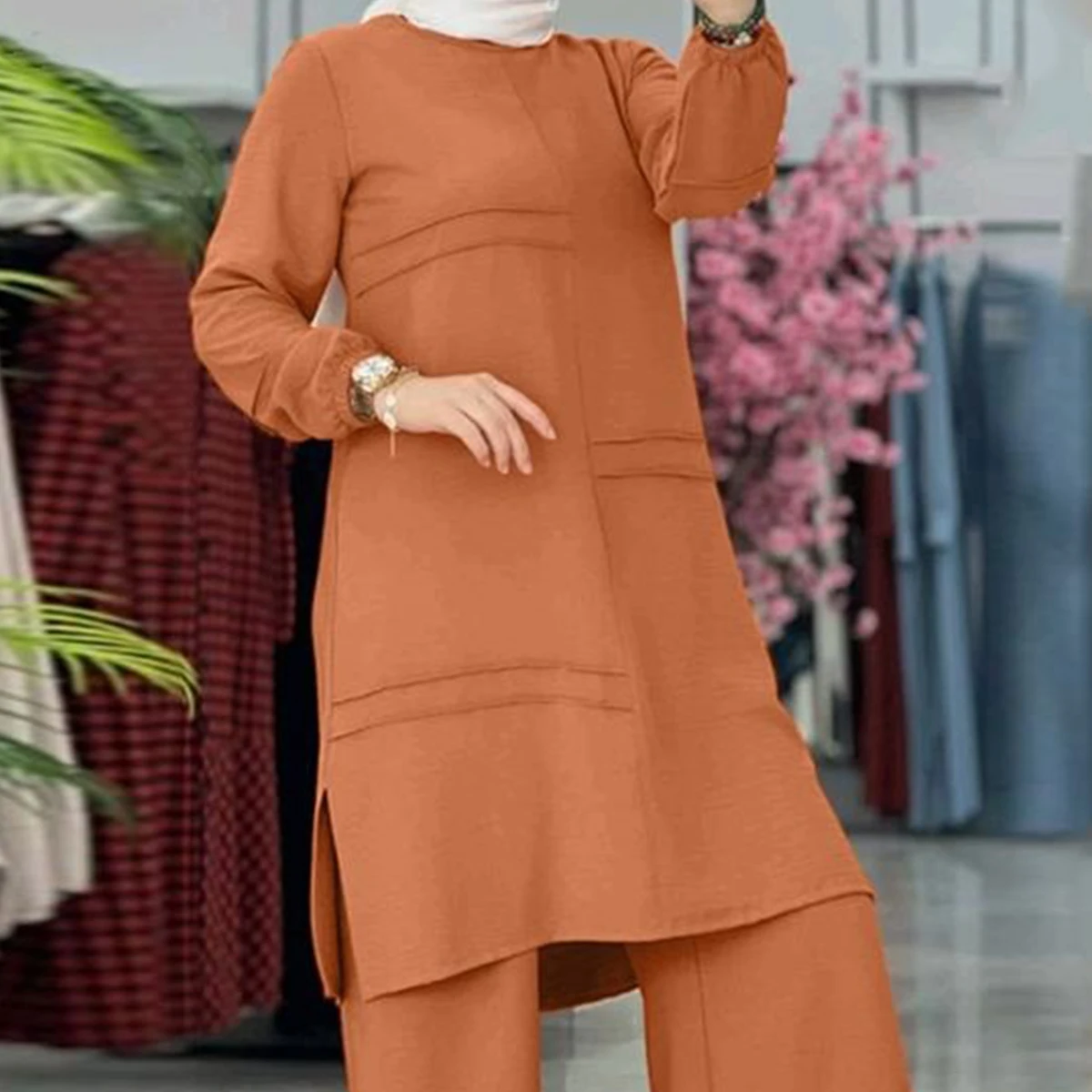 Islamic Clothing Plus Size Muslim Tunic And Pants 2pcs Set Arabic Middle East Solid Ramadan Long Sleeve Ladies Women Suit
