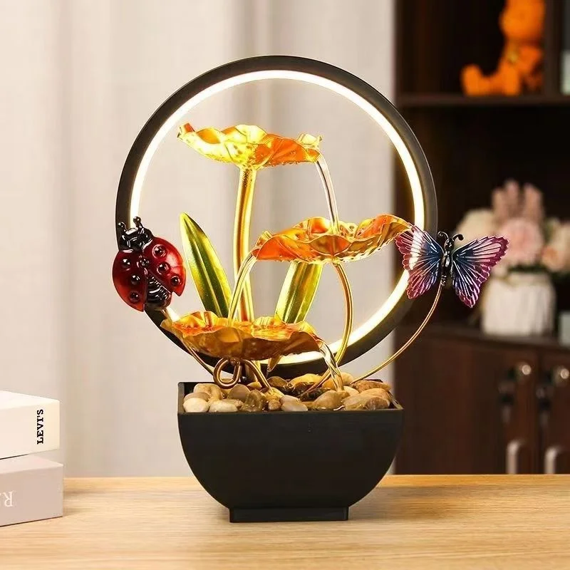 3 Tier Lotus Metal Tabletop Water Fountain Ladybug Butterfly USB-Powered Waterfall Decoration for Home and Office Decor