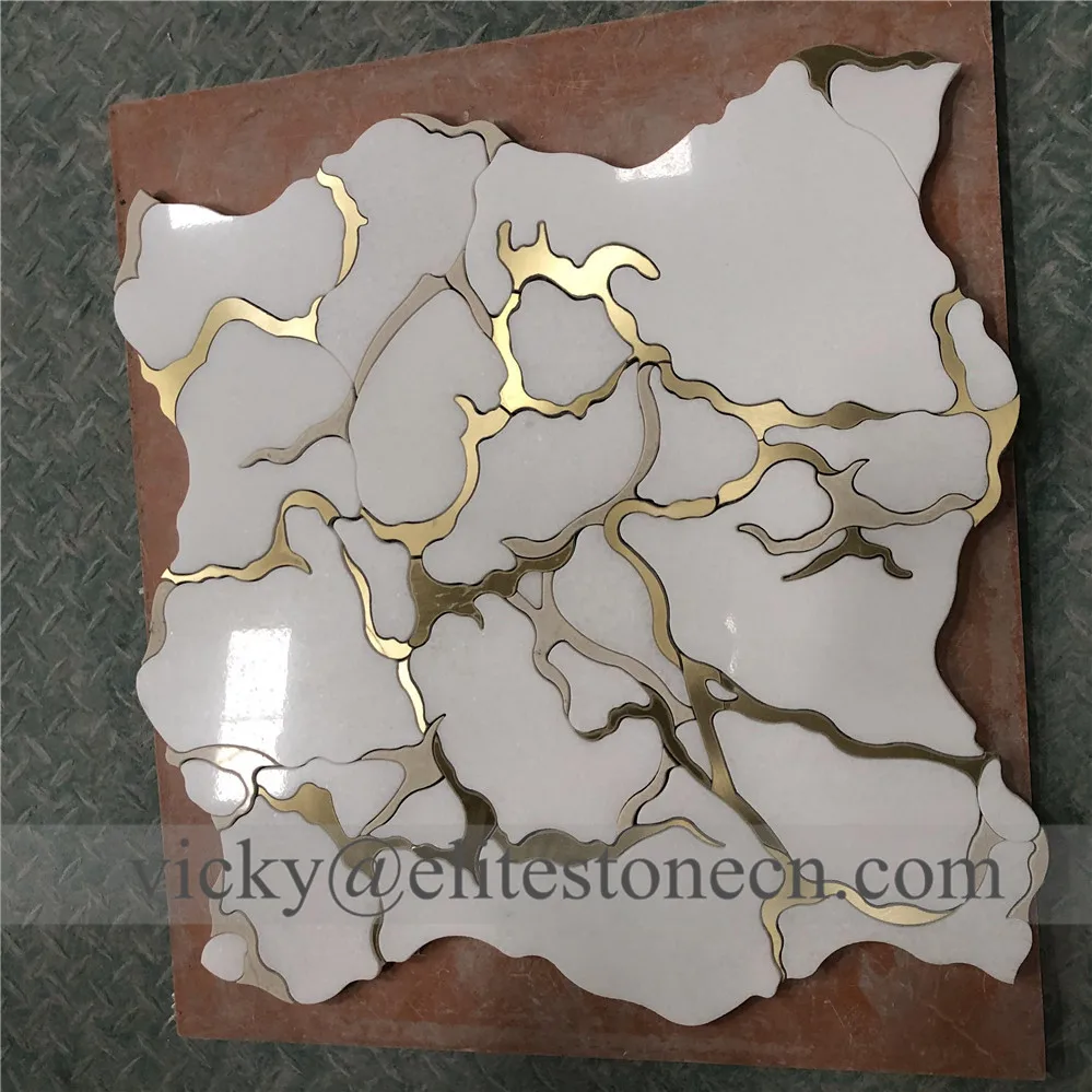 Foshan factory mosaico irregular honeycomb brushed aluminum tiles linear glitter grey gold glass metal waterjet hexagon mosaic