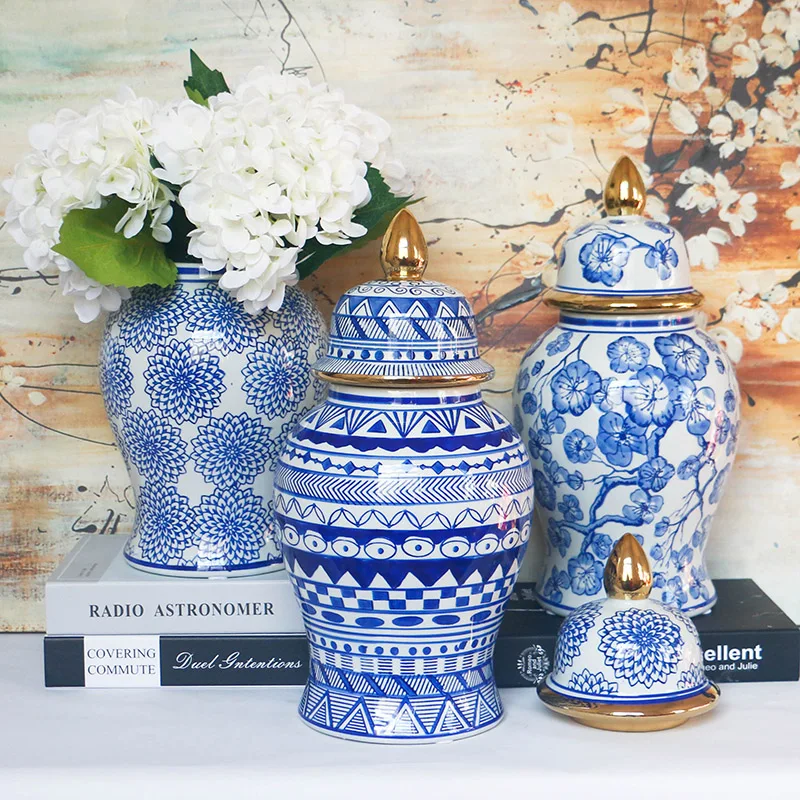Сине-белые китайские керамические банки для обычных дужек, фарфоровые Роскошные вазы для цветов, украшение для дома под глазурью, оптовая продажа
