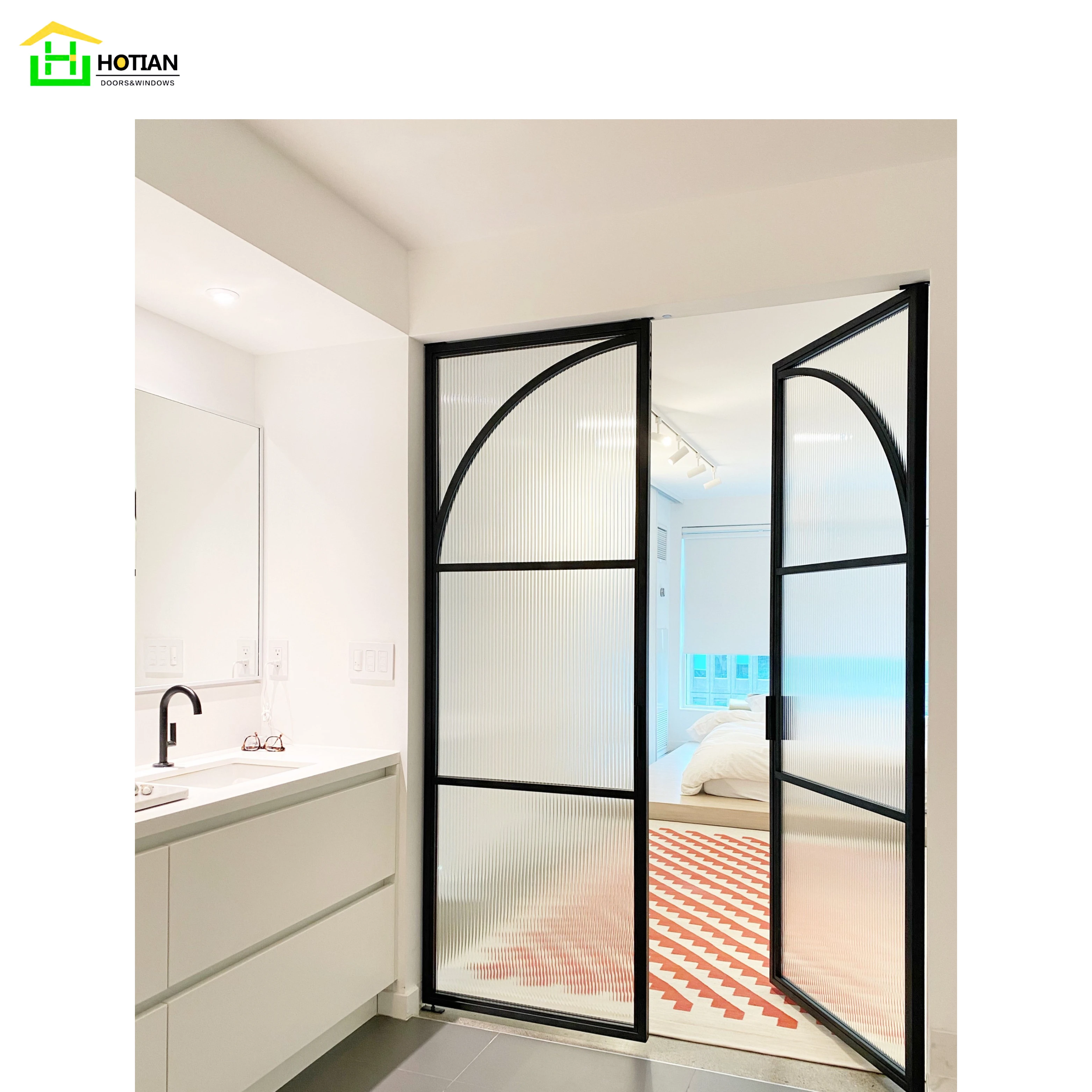 Reliable Quality Custom  Size Design Wrought Iron Arched Glass Door with Decorative Grilles