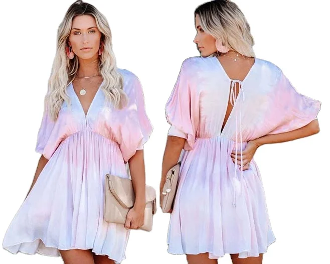 
2021 Summer Casual Deep V Neck Bat Sleeve Swing Pleated Mini Tie Dye Dress for Women Loose White Pink Customized Designs Female 