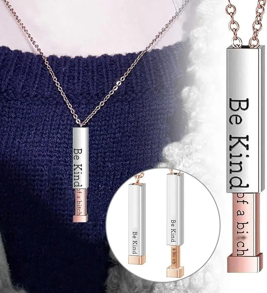 Be Kind Of A B with Hidden Information Necklace 3D Carved Vertical Bar Necklace Stainless Steel Square Tube for Best Friends