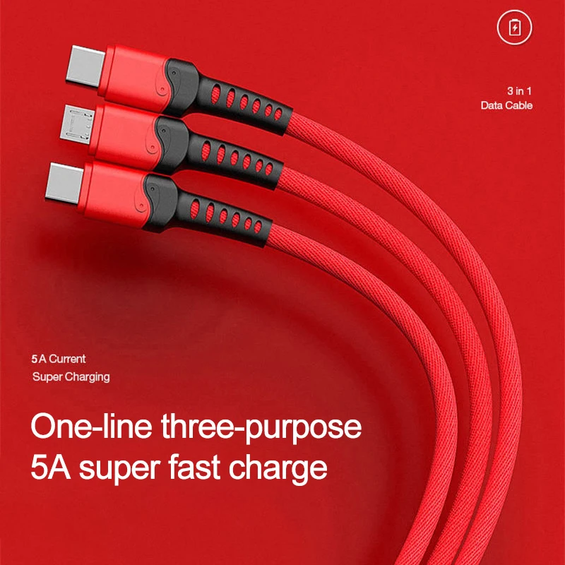 Nylon Braided All Copper Conductor Phone Multi Usb Data Type C Fast 3 In 1 Charging Cable