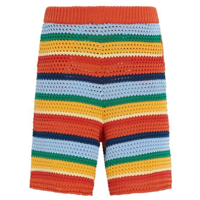 Custom OEM & ODM men Crocheted knitted  Shorts winter Knit Pants men knitwear Striped cotton Drawstring Hollow out knit Shorts