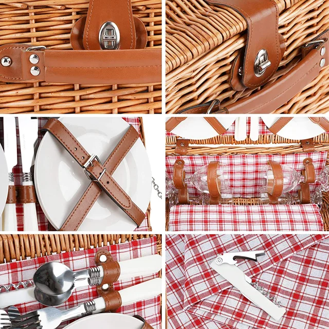 Wholesale OEM outdoor Camping handmade wooden basket rattan basket picnic basket with wood lid square shape