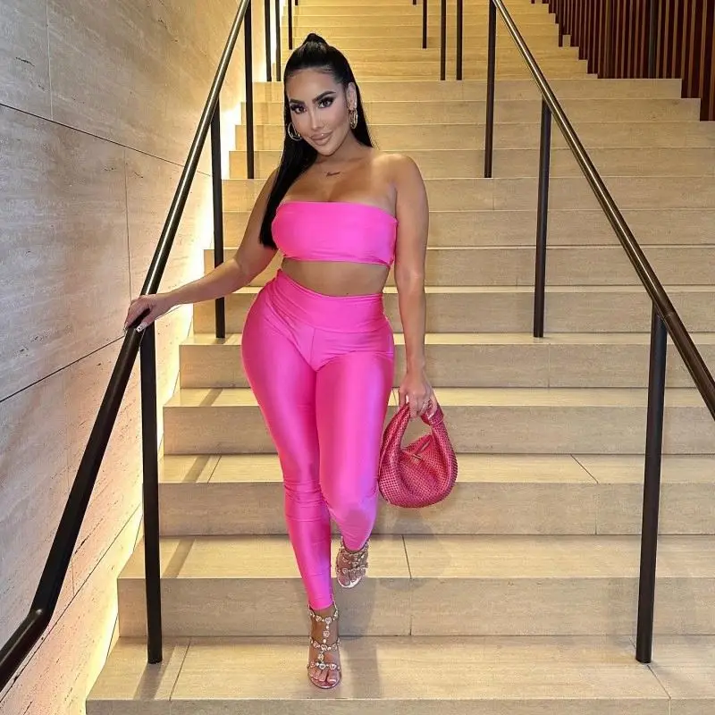 2024 new arrivals usa clothing summer hot pink cute sexy slim fit two piece pants set