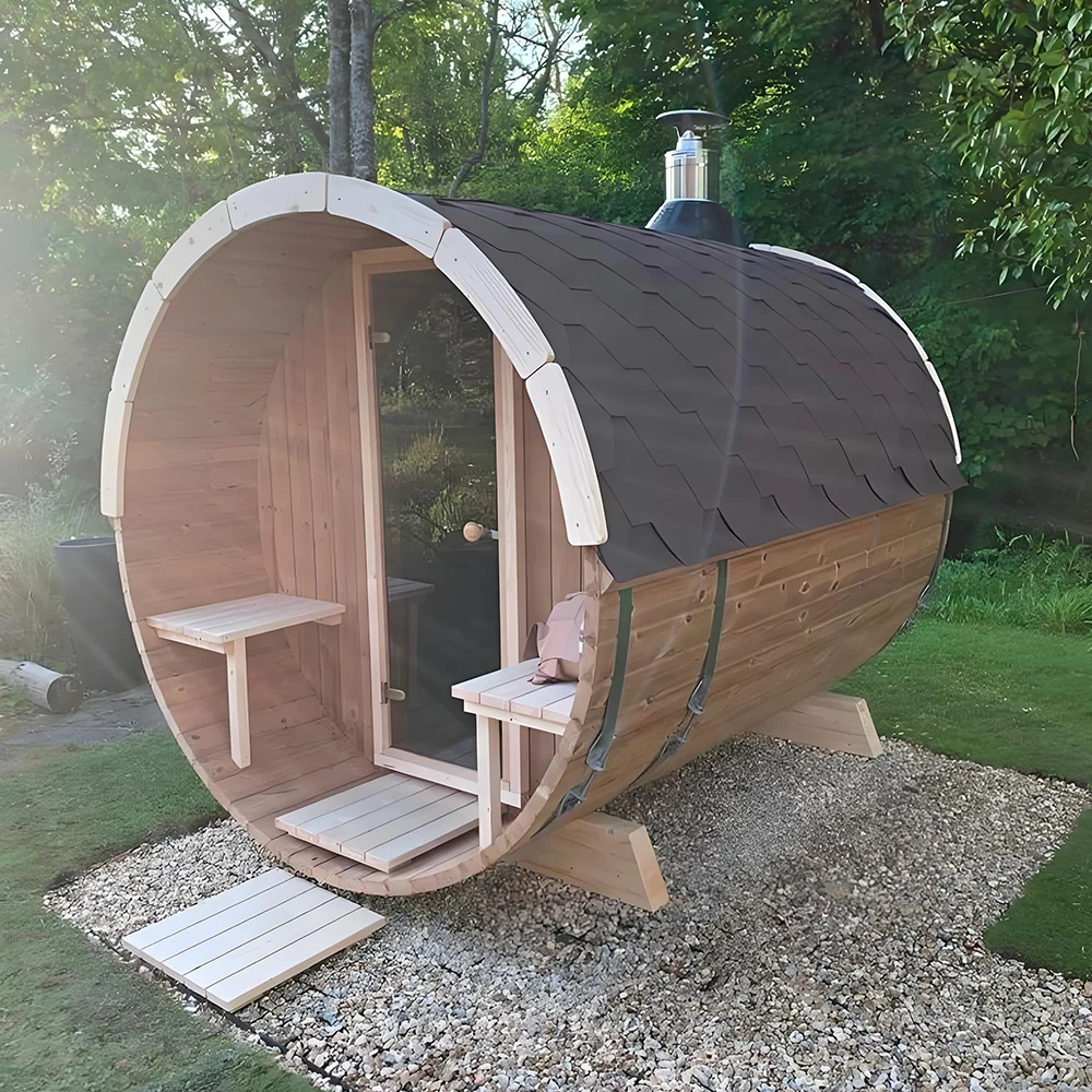 Modern 4-Person Outdoor Barrel Sauna Room Hemlock Dry Steam with 3KW Electric Heating and Far Infrared for Wet Steam Stove Use